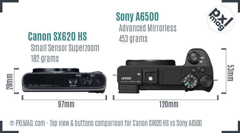 Canon SX620 HS vs Sony A6500 top view buttons comparison