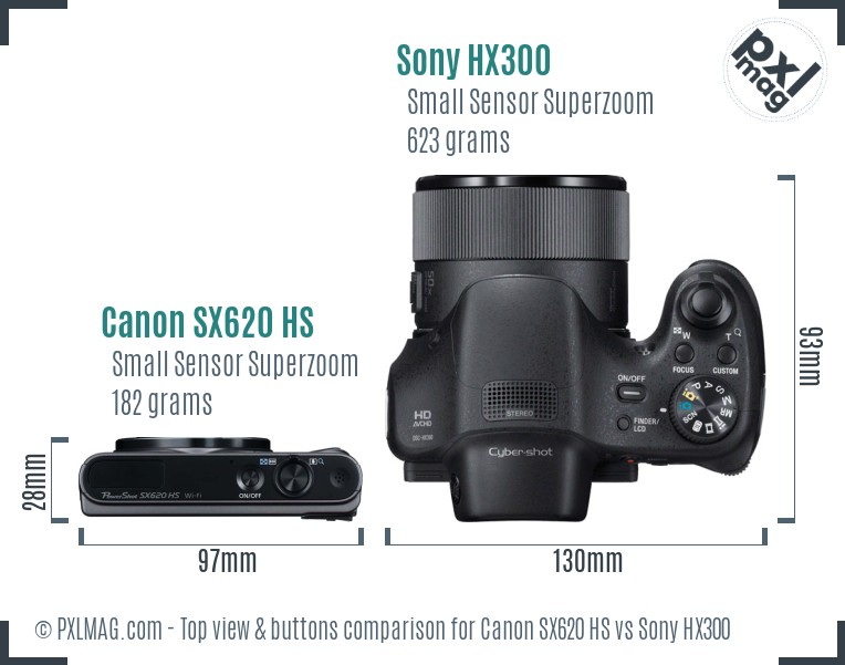 Canon SX620 HS vs Sony HX300 top view buttons comparison