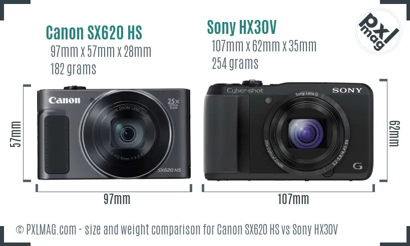 Canon SX620 HS vs Sony HX30V size comparison