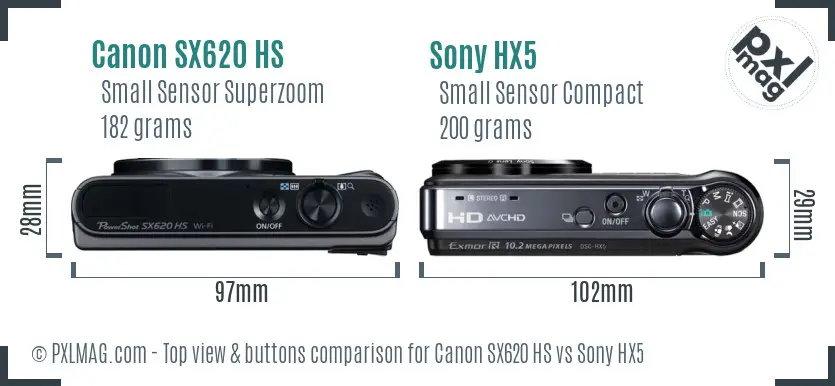 Canon SX620 HS vs Sony HX5 top view buttons comparison