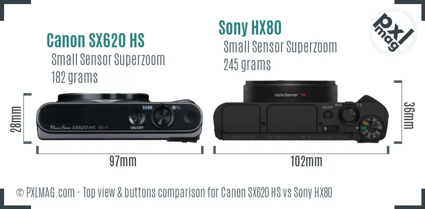 Canon SX620 HS vs Sony HX80 top view buttons comparison