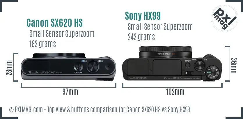 Canon SX620 HS vs Sony HX99 top view buttons comparison