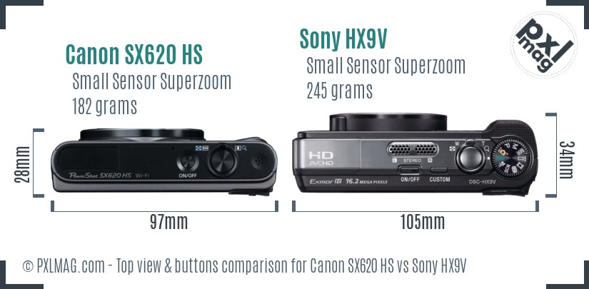 Canon SX620 HS vs Sony HX9V top view buttons comparison