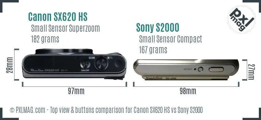 Canon SX620 HS vs Sony S2000 top view buttons comparison