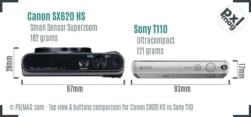 Canon SX620 HS vs Sony T110 top view buttons comparison