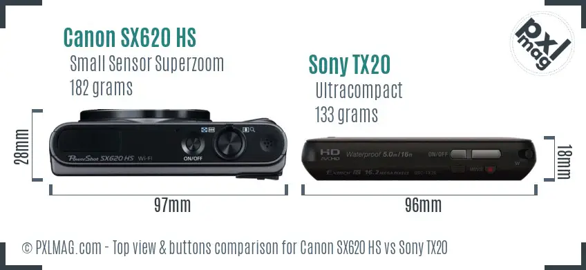 Canon SX620 HS vs Sony TX20 top view buttons comparison