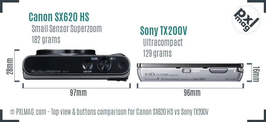 Canon SX620 HS vs Sony TX200V top view buttons comparison Canon SX620 HS vs Sony TX200V top view buttons comparison