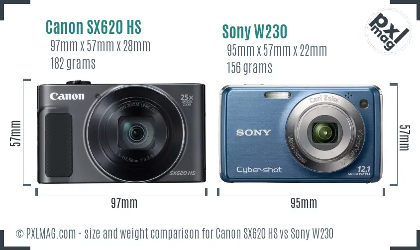 Canon SX620 HS vs Sony W230 size comparison