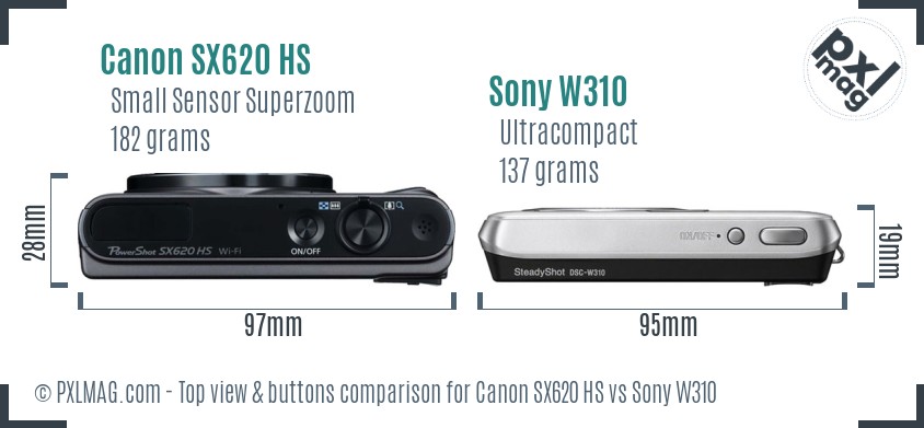 Canon SX620 HS vs Sony W310 top view buttons comparison
