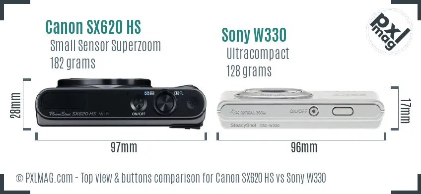 Canon SX620 HS vs Sony W330 top view buttons comparison Canon SX620 HS vs Sony W330 top view buttons comparison