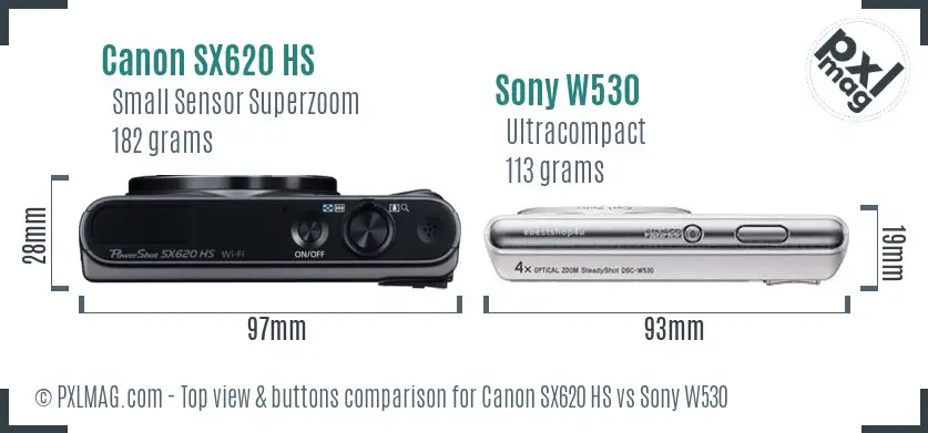 Canon SX620 HS vs Sony W530 top view buttons comparison Canon SX620 HS vs Sony W530 top view buttons comparison