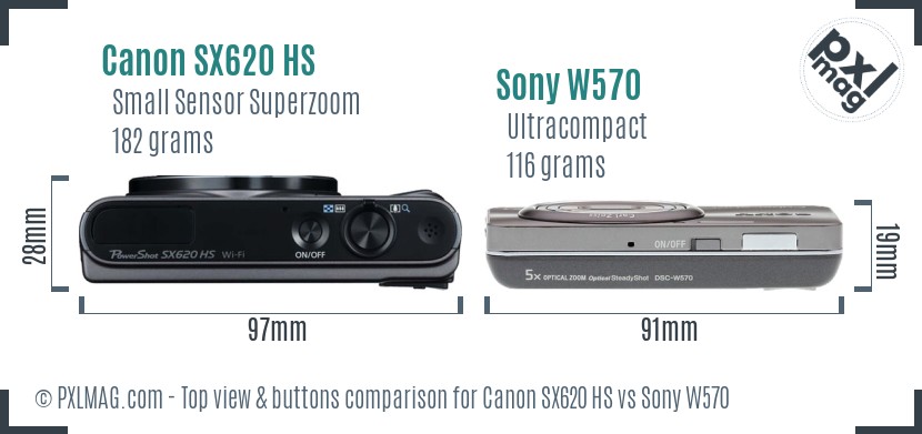 Canon SX620 HS vs Sony W570 top view buttons comparison