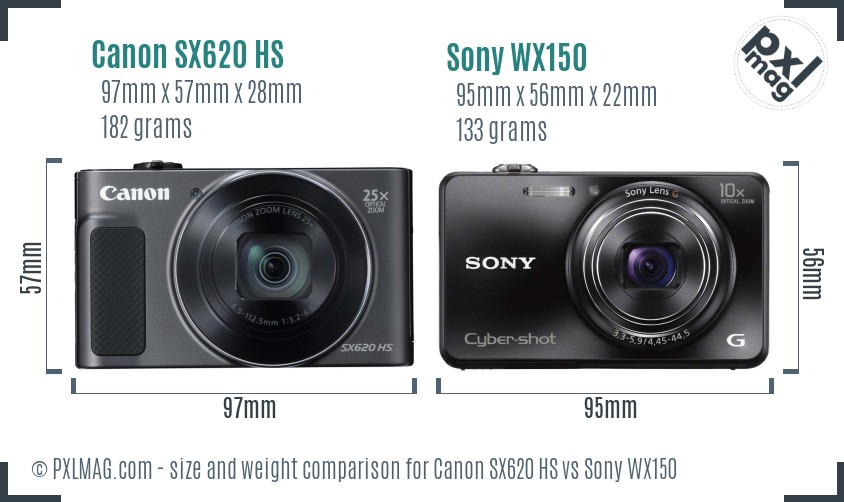 Canon SX620 HS vs Sony WX150 size comparison