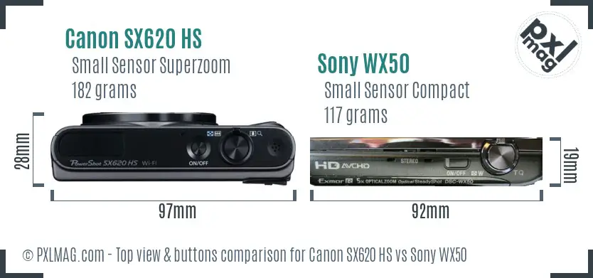 Canon SX620 HS vs Sony WX50 top view buttons comparison Canon SX620 HS vs Sony WX50 top view buttons comparison