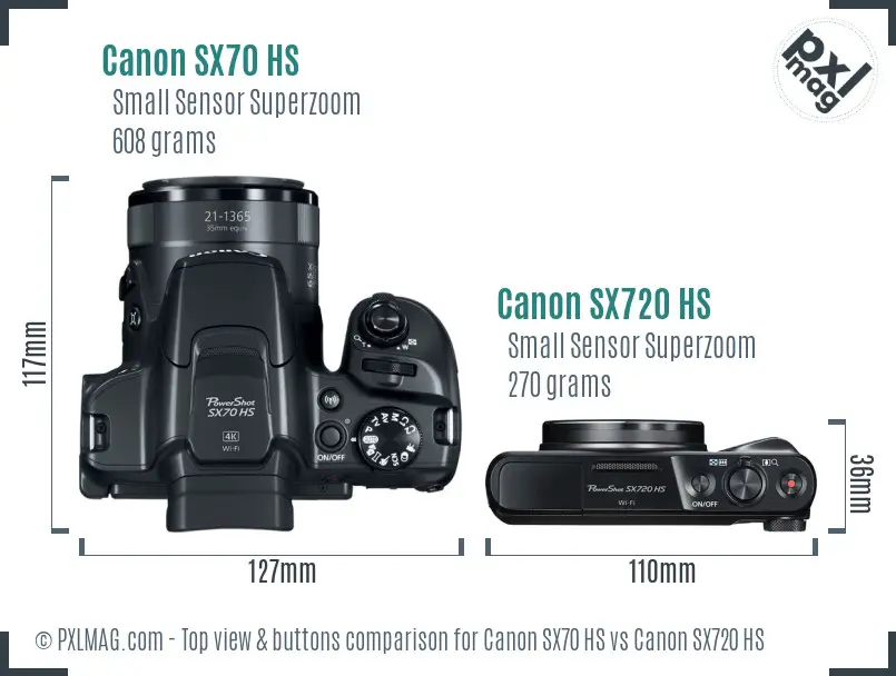 Canon SX70 HS vs Canon SX720 HS top view buttons comparison
