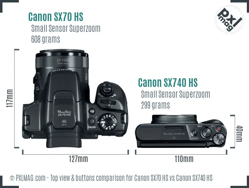 Canon SX70 HS vs Canon SX740 HS top view buttons comparison