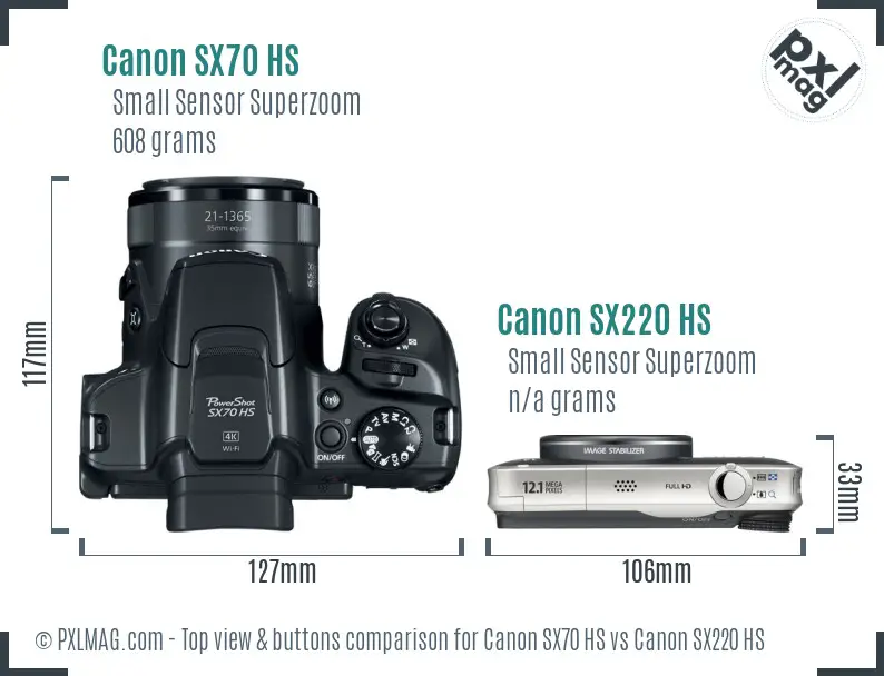 Canon SX70 HS vs Canon SX220 HS top view buttons comparison
