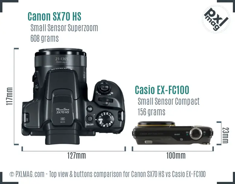 Canon SX70 HS vs Casio EX-FC100 top view buttons comparison