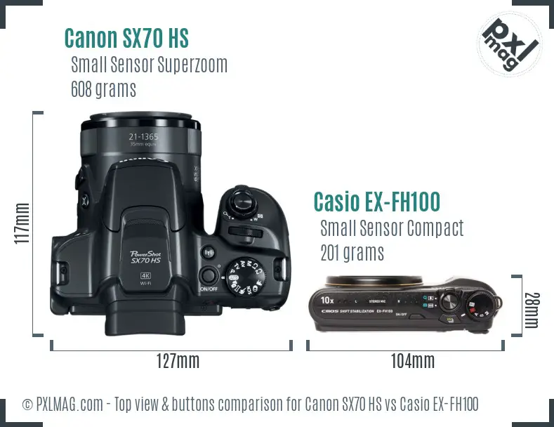 Canon SX70 HS vs Casio EX-FH100 top view buttons comparison