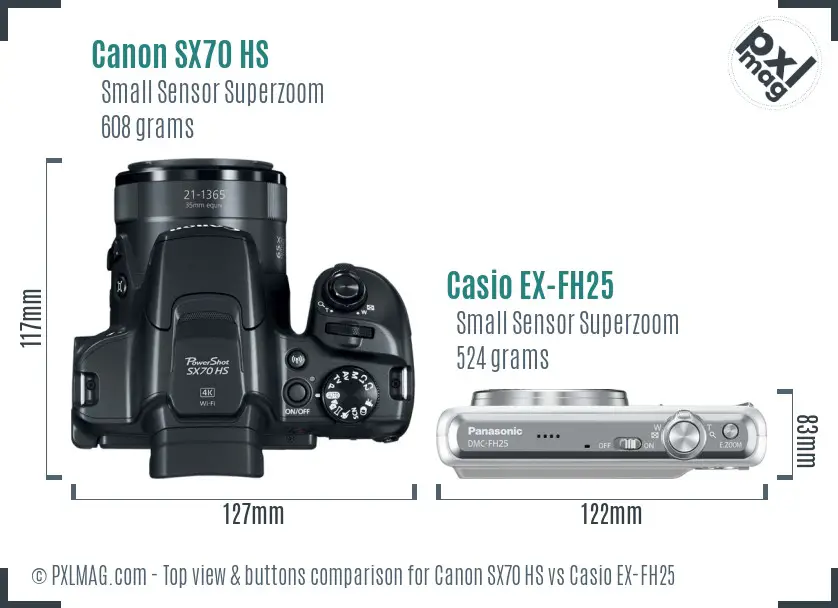 Canon SX70 HS vs Casio EX-FH25 top view buttons comparison