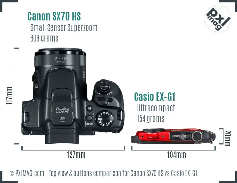 Canon SX70 HS vs Casio EX-G1 top view buttons comparison