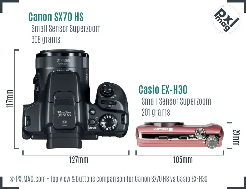 Canon SX70 HS vs Casio EX-H30 top view buttons comparison