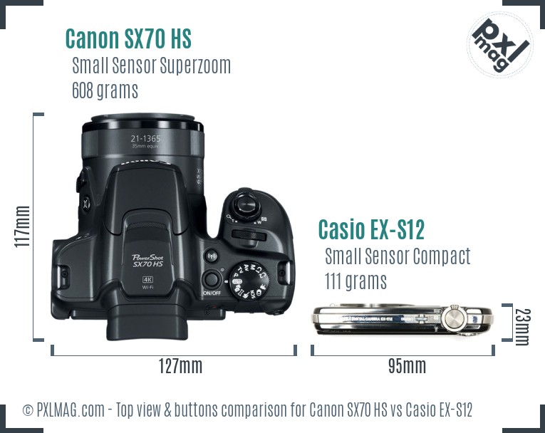 Canon SX70 HS vs Casio EX-S12 top view buttons comparison