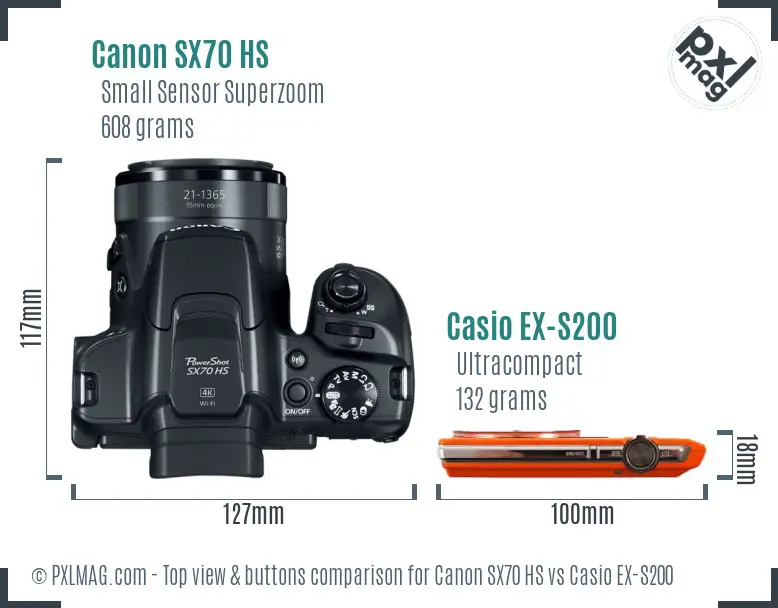 Canon SX70 HS vs Casio EX-S200 top view buttons comparison