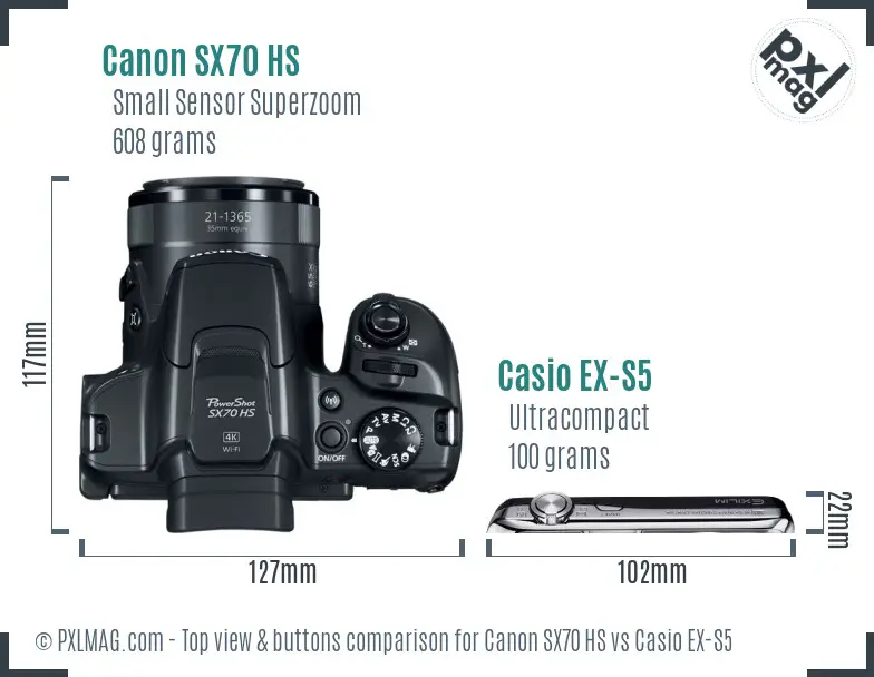 Canon SX70 HS vs Casio EX-S5 top view buttons comparison