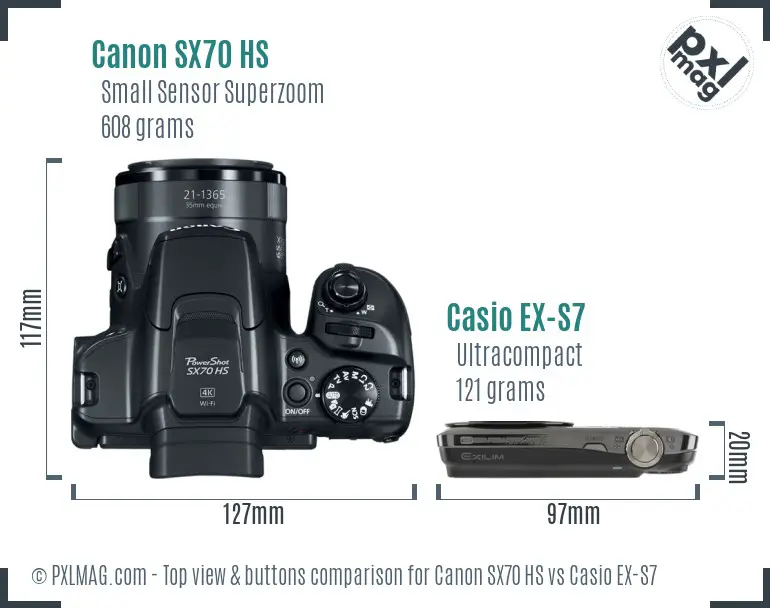 Canon SX70 HS vs Casio EX-S7 top view buttons comparison