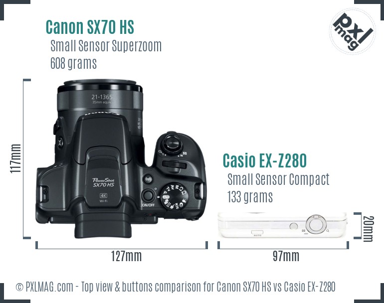 Canon SX70 HS vs Casio EX-Z280 top view buttons comparison