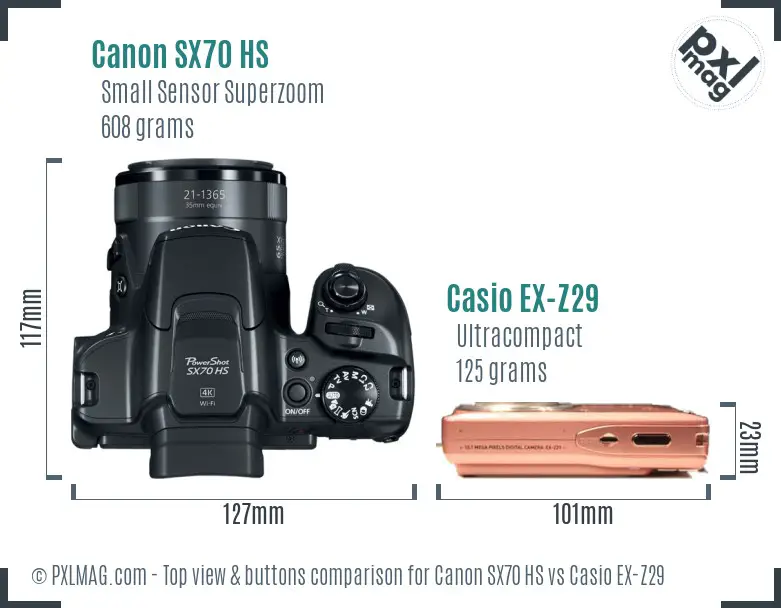 Canon SX70 HS vs Casio EX-Z29 top view buttons comparison