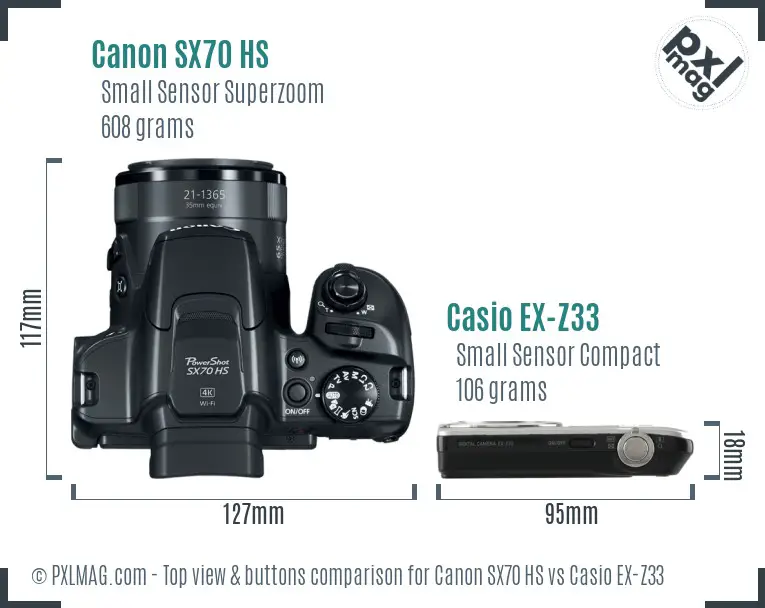 Canon SX70 HS vs Casio EX-Z33 top view buttons comparison Canon SX70 HS vs Casio EX-Z33 top view buttons comparison