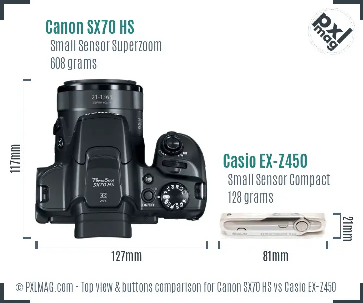 Canon SX70 HS vs Casio EX-Z450 top view buttons comparison