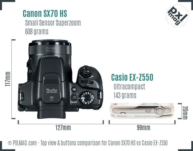 Canon SX70 HS vs Casio EX-Z550 top view buttons comparison Canon SX70 HS vs Casio EX-Z550 top view buttons comparison