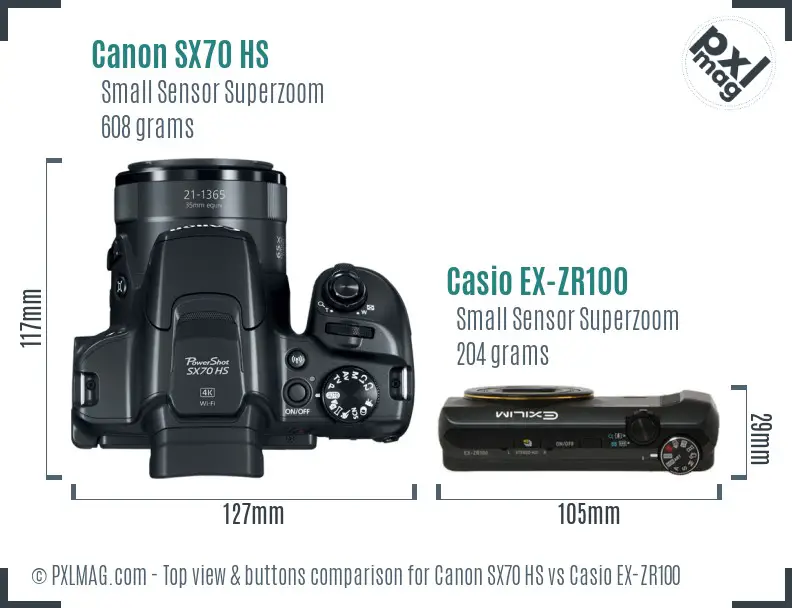 Canon SX70 HS vs Casio EX-ZR100 top view buttons comparison