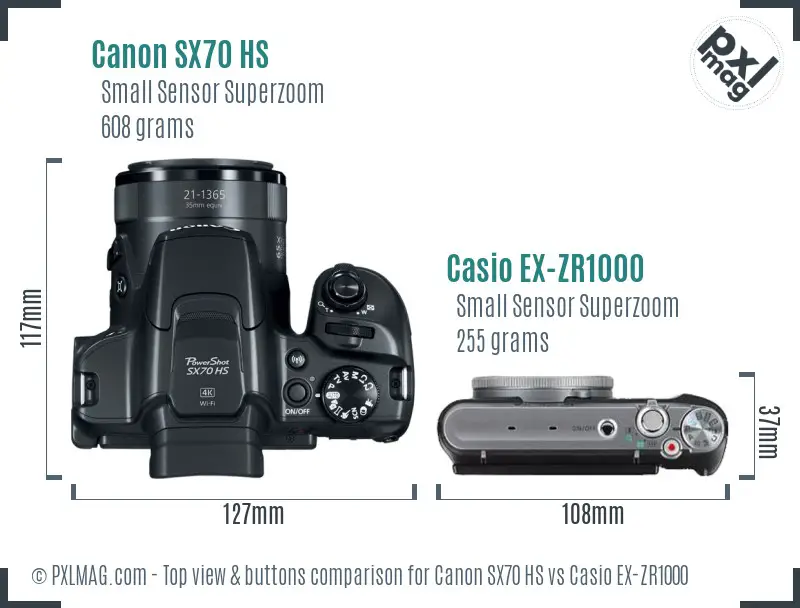 Canon SX70 HS vs Casio EX-ZR1000 top view buttons comparison