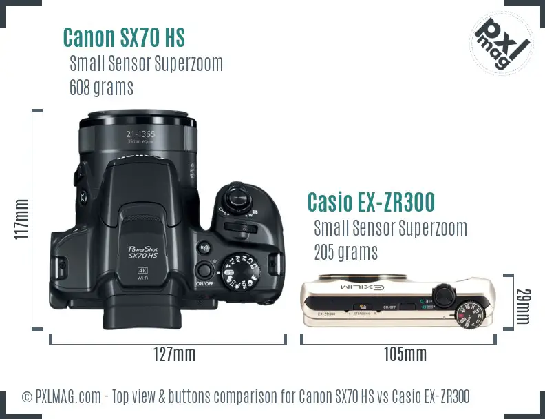 Canon SX70 HS vs Casio EX-ZR300 top view buttons comparison