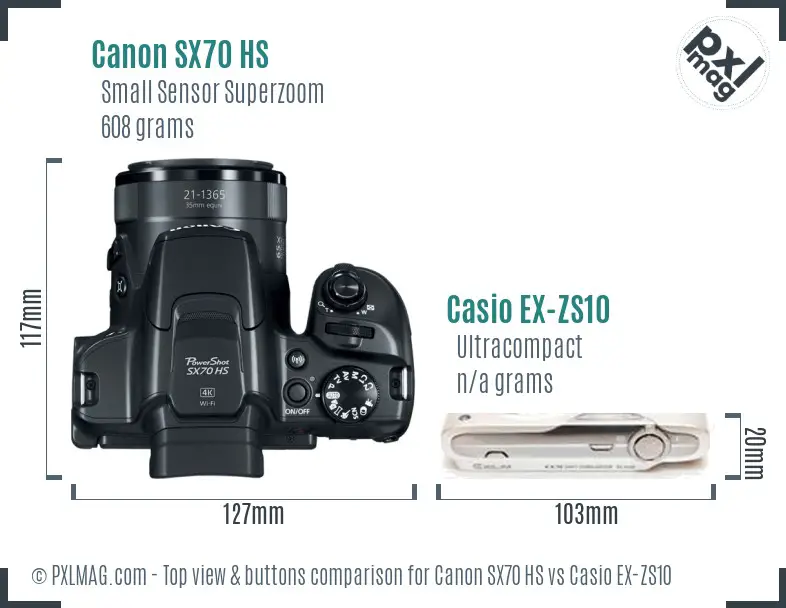 Canon SX70 HS vs Casio EX-ZS10 top view buttons comparison