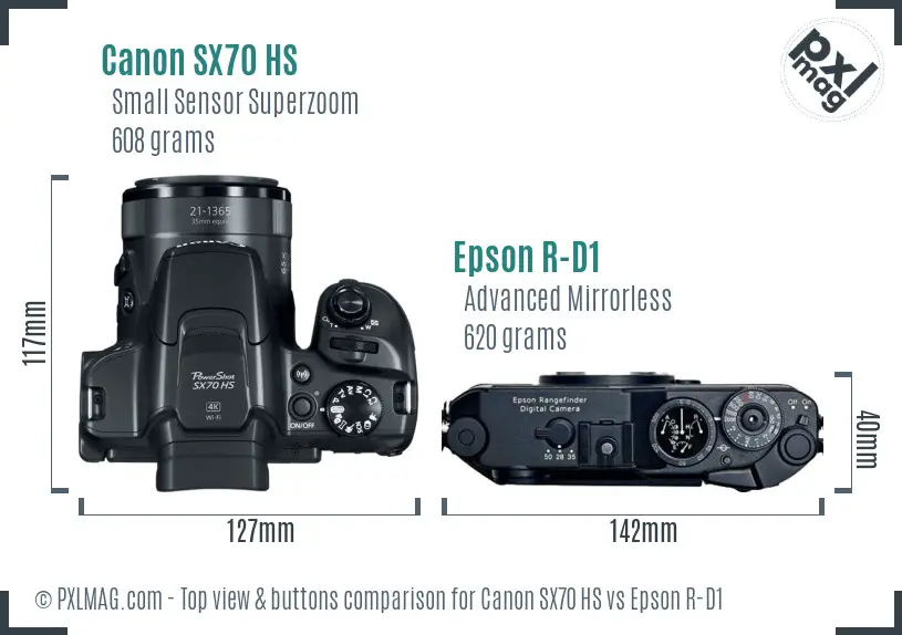 Canon SX70 HS vs Epson R-D1 top view buttons comparison Canon SX70 HS vs Epson R-D1 top view buttons comparison
