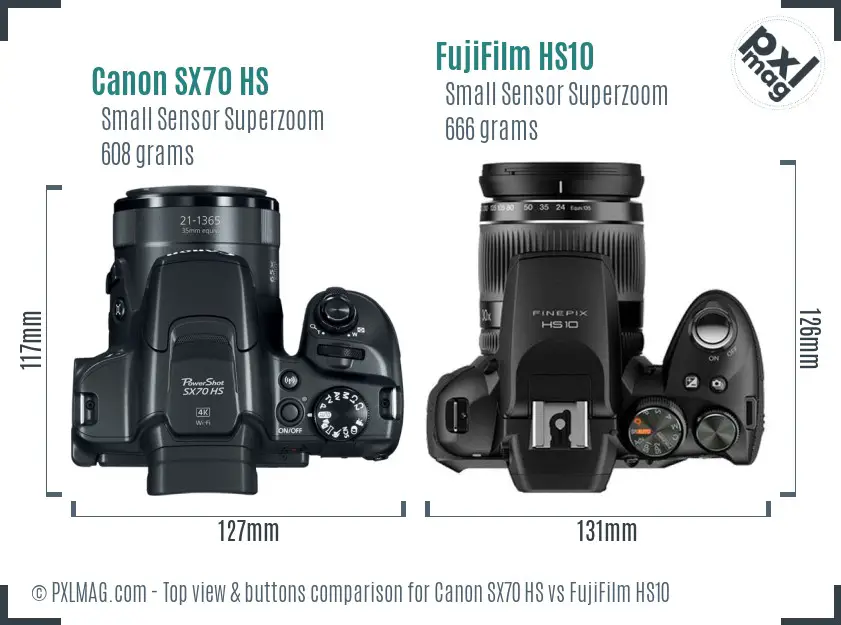 Canon SX70 HS vs FujiFilm HS10 top view buttons comparison