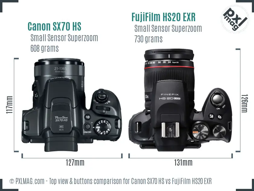 Canon SX70 HS vs FujiFilm HS20 EXR top view buttons comparison