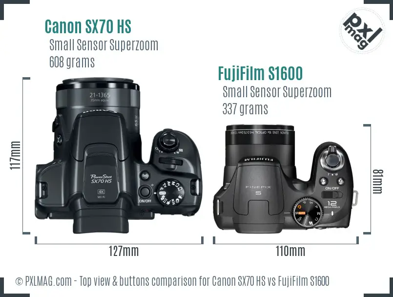 Canon SX70 HS vs FujiFilm S1600 top view buttons comparison