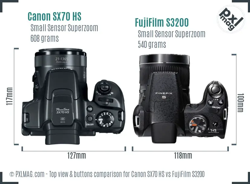 Canon SX70 HS vs FujiFilm S3200 top view buttons comparison