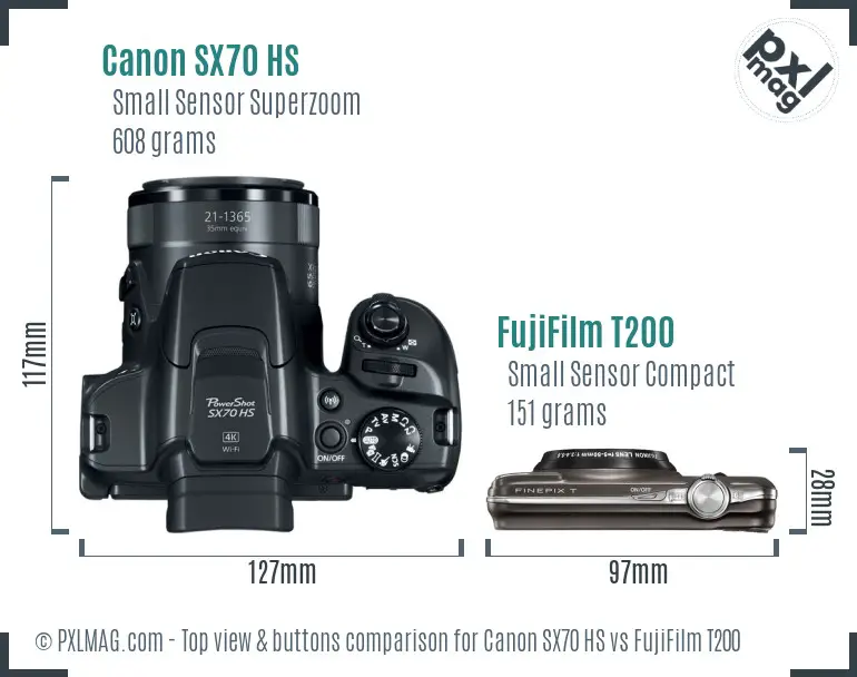 Canon SX70 HS vs FujiFilm T200 top view buttons comparison Canon SX70 HS vs FujiFilm T200 top view buttons comparison