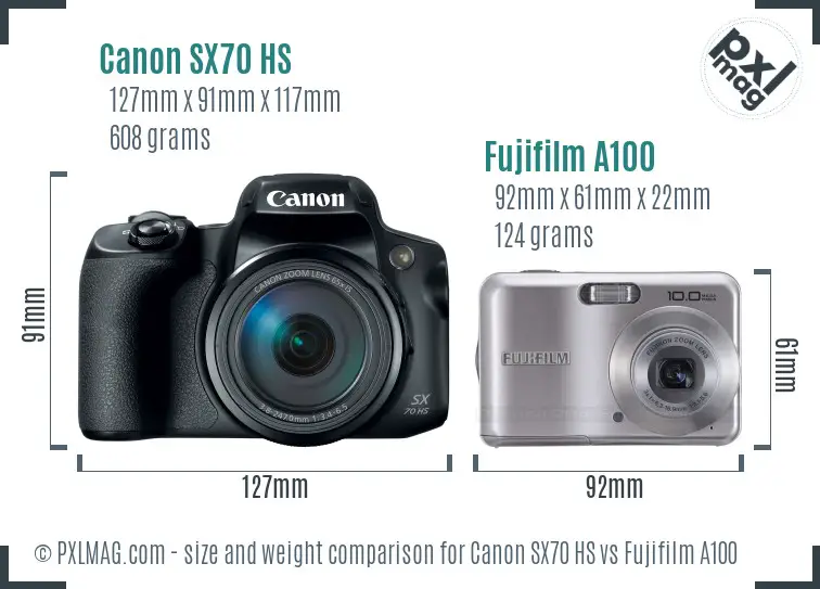 Canon SX70 HS vs Fujifilm A100 size comparison