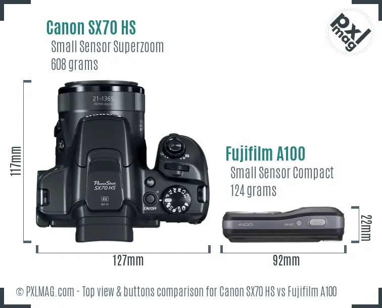 Canon SX70 HS vs Fujifilm A100 top view buttons comparison