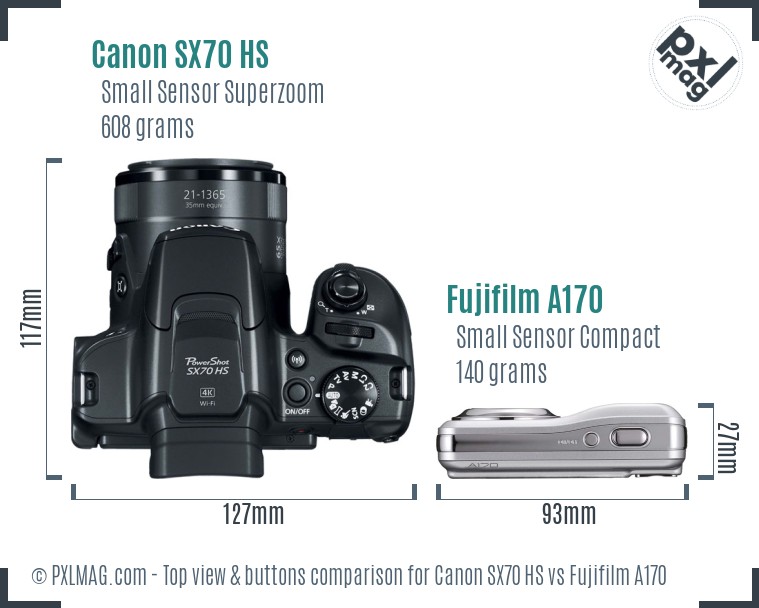 Canon SX70 HS vs Fujifilm A170 top view buttons comparison