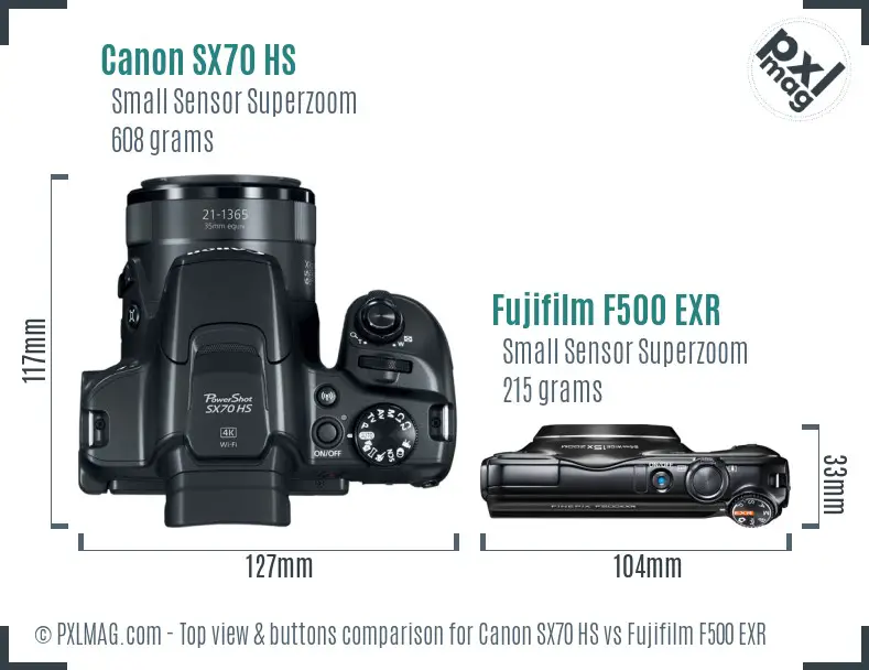 Canon SX70 HS vs Fujifilm F500 EXR top view buttons comparison