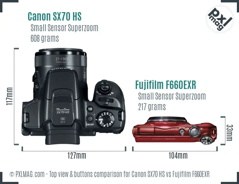 Canon SX70 HS vs Fujifilm F660EXR top view buttons comparison